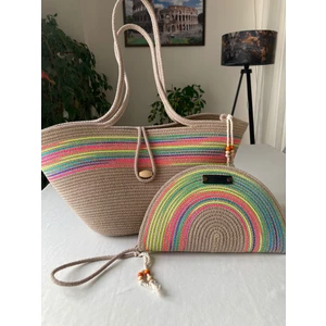 Bailey 2li Takım Plaj Çantası , El Çantası Clutch, Totebag, Kadın Çanta, Yazlık, Hediyelik, hasır Jüt Tress