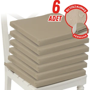 Fermuarlı 6'lı Sandalye Minderi Su Itici Kumaş 40X40 cm Sünger Sandalye Minderi Bağcıklı Bej