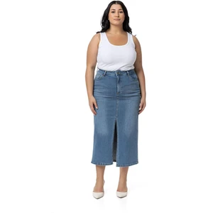 Disentis Modest Büyük Beden Önden Yırtmaç Detaylı Beş Cepli Midi Denim Açık Mavi Etek