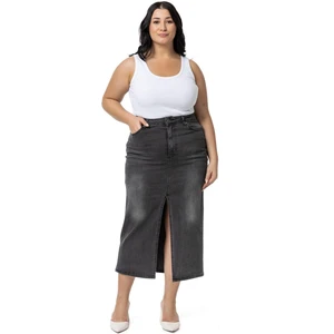 Disentis Modest Büyük Beden Önden Yırtmaç Detaylı Beş Cepli Midi Denim Antrasit Etek