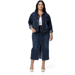 Disentis Modest Büyük Beden Önden Yırtmaç Detaylı Beş Cepli Midi Denim Lacivert Etek
