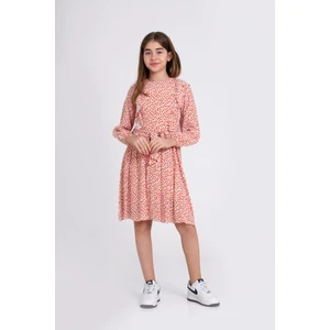 Kız Çocuk Fırfırlı Kuşaklı Kolu Lastikli Çiçek Desenli Elbise