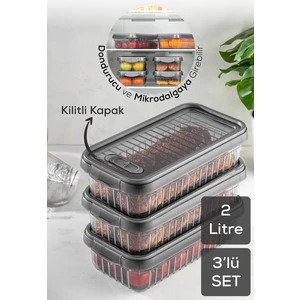 3lü Kendinden Çizgili Kilitli Kapaklı Saklama Kabı Seti 2 Litre