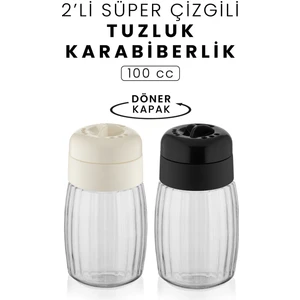 Kitchen Life 2'li Siyah Beyaz Mat Kapaklı Star Çizğili Cam Tuzluk - Biberlik 100 cc