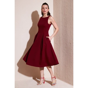 Bisiklet Yaka Regular Fit Cepli Pileli Midi Elbise Kadın Elbise 6051963