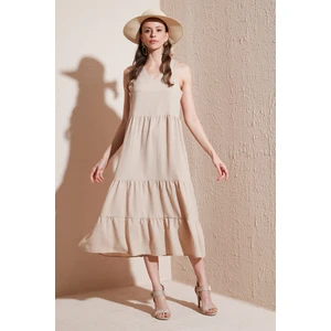Relaxed Fit V Yaka Volanlı Midi Elbise Kadın Elbise 611EL011