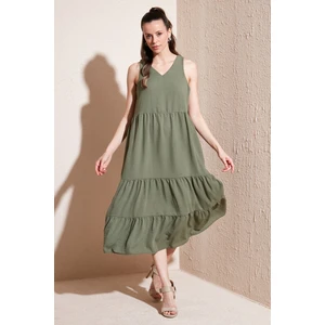 Relaxed Fit V Yaka Volanlı Midi Elbise Kadın Elbise 611EL011