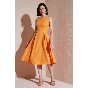 Bisiklet Yaka Regular Fit Cepli Pileli Midi Elbise Kadın Elbise 6051963