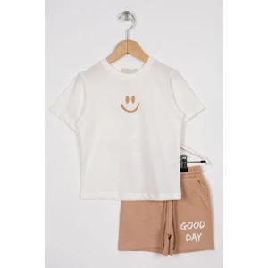 Smile Baskılı Arkası Yazı Baskılı  Ekru Renk Erkek Çocuk Kaprili Takım