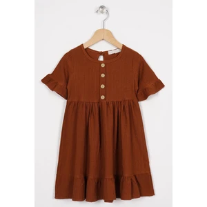 Bisiklet Yaka Kısa Kol Fırfırlı Dugmelı Kahverengi Renk Kız Çocuk Elbıse