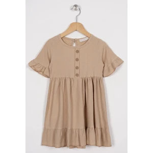 Bisiklet Yaka Kısa Kol Fırfırlı Dugmelı Bej Renk Kız Çocuk Elbıse