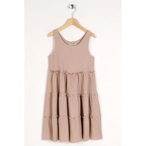 Bisiklet Yaka Sıfır Kol Beli Lastikli Bej Renk Kız Çocuk Elbıse