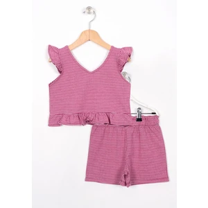 V Yaka Sıfır Kol Fırfır Detaylı Fuşya Renk Renk Kız Cocuk Sortlu Takım