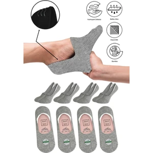 Bambu Kadın Babet Gri Melanj Çorap Dikişsiz Görünmez Kaydırmaz Topuk Silikonlu Premium 4'lü Paket