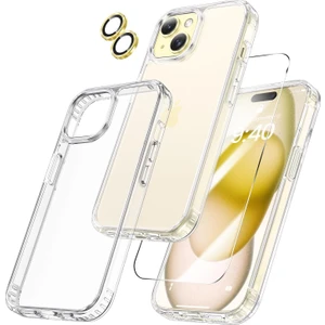 Apple iPhone 15 Şeffaf Kılıf, Kamera Lens Koruyucu, Cam Ekran Koruyucu 3'in 1 Süper Set