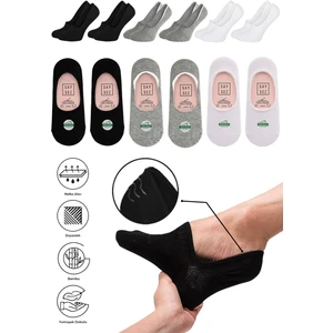 Bambu Kadın Babet Siyah-Beyaz-Gri Çorap Dikişsiz Görünmez Kaydırmaz Topuk Silikonlu Premium 6'lı Set