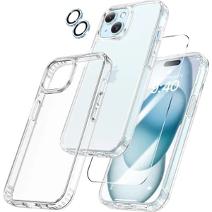 iPhone 15 Şeffaf Kılıf + Ekran Koruyucu + Kamera Lensi (Mavi)