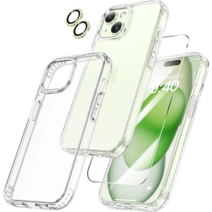 Apple iPhone 15 Şeffaf Kılıf, Kamera Lens Koruyucu, Cam Ekran Koruyucu 3'in 1 Süper Set