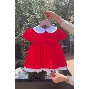 Bertuğ Bebek Beyaz Yaka Dantel Kırmızı Kısa Kollu Kız Bebek Elbise