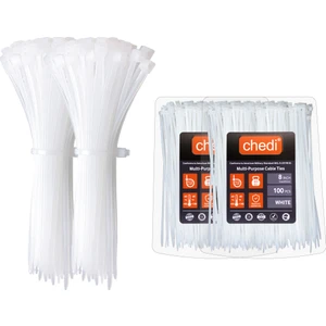 chedi Kablo Bağı 3,6x200 mm 200'lü Paket Çok Amaçlı Kablo Bağları, 20 cm Premium Kalite Beyaz Kablo Klipsi, Plastik Kelepçe