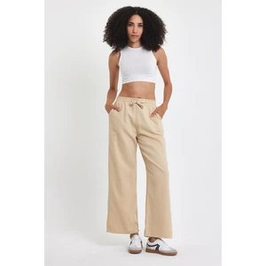 Kadın Palazzo Comfort Beli Lastikli Pamuklu Baggy Pantolon Krem