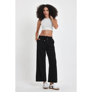 Kadın Palazzo Comfort Beli Lastikli Pamuklu Baggy Pantolon Siyah