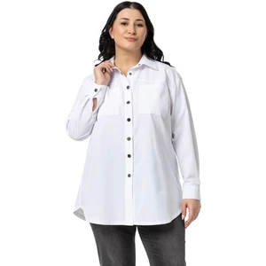 Disentis Modest Büyük Beden Çıtçıt Kapamalı Plikaşeli Manşetli Cepli Beyaz Gömlek