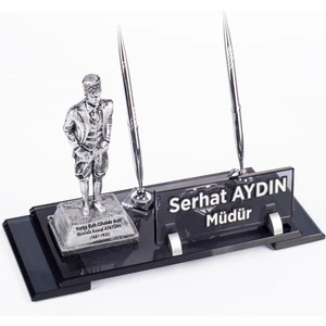Atatürk Heykeli Biblolu Elit Kristal Isimlik Masa Isimliği Çift Kalemli Isimlik Lüks Ofis Hediye