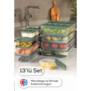 13’Lü Buzdolabı Dondurucu Organizer Mikrodalga ve Difrize Uygun Saklama Kabı Yeşil 6x(350ML) 2x(1,65LT) 3x(3,5LT) 2x(1,75LT)