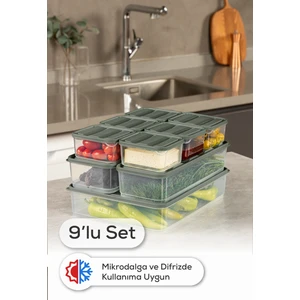 9’lu Buzdolabı Dondurucu Organizer Mikrodalga ve Difrize Uygun Saklama Kabı Yeşil 6x(350ML) 2x(1,65LT) 1x(3,5LT)