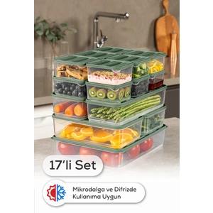 17’li Buzdolabı Dondurucu Organizer Mikrodalga ve Difrize Uygun Saklama Kabı Yeşil 12x(350ML) 2x(1,65LT) 2x(1,75LT) 1x(3,5LT)