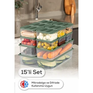 15’li Buzdolabı Dondurucu Organizer Mikrodalga ve Difrize Uygun Saklama Kabı Yeşil 12x(350ML) 2x(1,65LT) 1x(3,5LT)