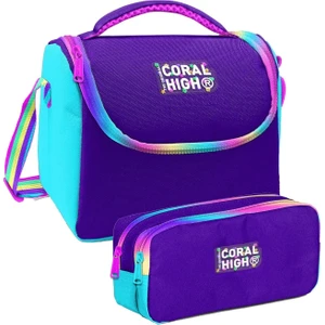 Coral High Rainbow Fermuarlı Mor Desenli Kız Çocuk Isı Yalıtımlı Beslenme Çantası ve Kalemlik Seti