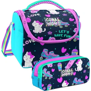 Coral High Lacivert Pembe Kedili Desenli Kız Çocuk Isı Yalıtımlı Beslenme Çantası ve Kalemlik Seti