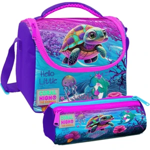 Coral High Pembe Mor Kaplumbağa Desenli Kız Çocuk Isı Yalıtımlı Beslenme Çantası ve Kalemlik Seti