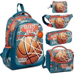 Coral High Nefti Turuncu Basketbol Desenli Erkek Çocuk Beşli Okul Çanta Seti - Ilkokul Için Uygun