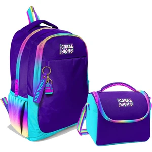 Coral High Kız Çocuk Üç Gözlü Ilkokul ve Ortaokul Sırt Çantası+Beslenme - Rainbow Fermuarlı Mor