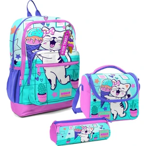 Coral High Kız Çocuk Üçlü Ilkokul Okul Çanta Seti - Turkuaz Pembe Dondurmalı Kedi