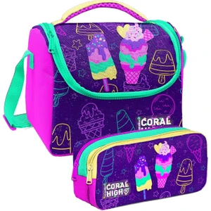 Coral High Mor Pembe Dondurma Desenli Kız Çocuk Isı Yalıtımlı Beslenme Çantası ve Kalemlik Seti