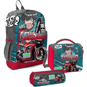 Coral High Erkek Çocuk Üçlü Ilkokul Okul Çanta Seti - Gri Nefti Anime Motorsiklet