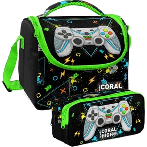 Coral High Siyah Fosforlu Yeşil Gamer Desenli Erkek Çocuk Isı Yalıtımlı Beslenme Çantası ve Kalemlik Seti
