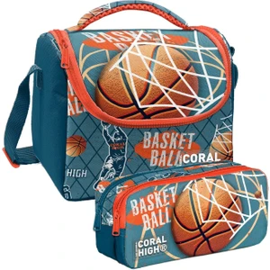 Coral High Nefti Turuncu Basketbol Desenli Erkek Çocuk Isı Yalıtımlı Beslenme Çantası ve Kalemlik Seti