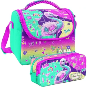 Coral High Pembe Su Yeşili Flamingo Desenli Kız Çocuk Isı Yalıtımlı Beslenme Çantası ve Kalemlik Seti
