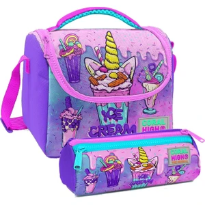 Coral High Pembe Mor Dondurma Desenli Kız Çocuk Isı Yalıtımlı Beslenme Çantası ve Kalemlik Seti