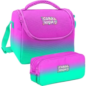 Coral High Pembe Su Yeşili Renk Geçişli Desenli Kız Çocuk Isı Yalıtımlı Beslenme Çantası ve Kalemlik Seti