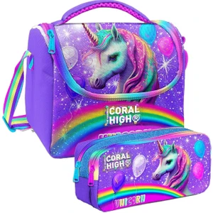 Coral High Mor Simli Unicorn Desenli Kız Çocuk Isı Yalıtımlı Beslenme Çantası ve Kalemlik Seti