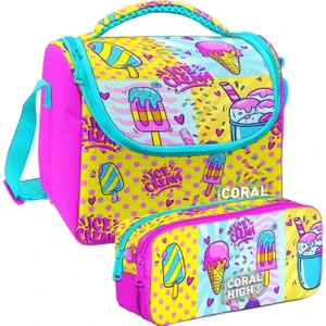 Coral High Mixed Dondurma Desenli Kız Çocuk Isı Yalıtımlı Beslenme Çantası ve Kalemlik Seti