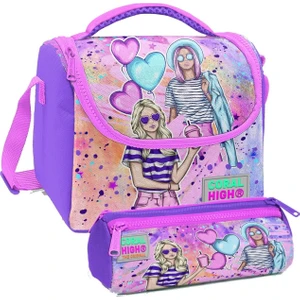 Coral High Pembe Mor Fashion Girl Desenli Kız Çocuk Isı Yalıtımlı Beslenme Çantası ve Kalemlik Seti
