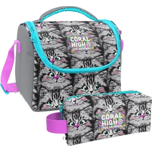 Coral High Gri Kedi Desenli Kız Çocuk Isı Yalıtımlı Beslenme Çantası ve Kalemlik Seti
