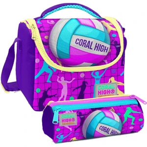 Coral High Pembe Mor Voleybol Desenli Kız Çocuk Isı Yalıtımlı Beslenme Çantası ve Kalemlik Seti